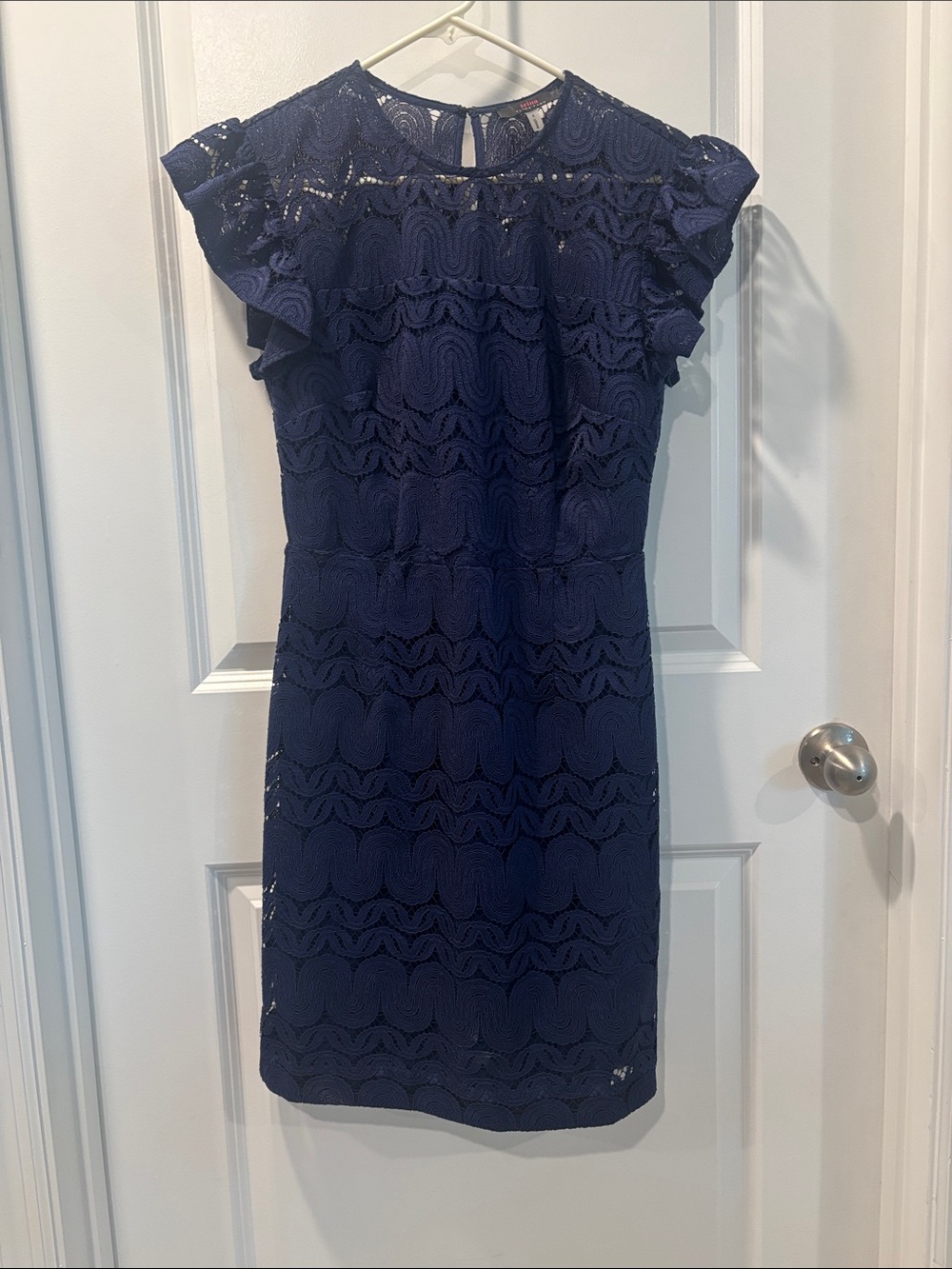 Navy Lace Cap-Sleeve Sheath Dress